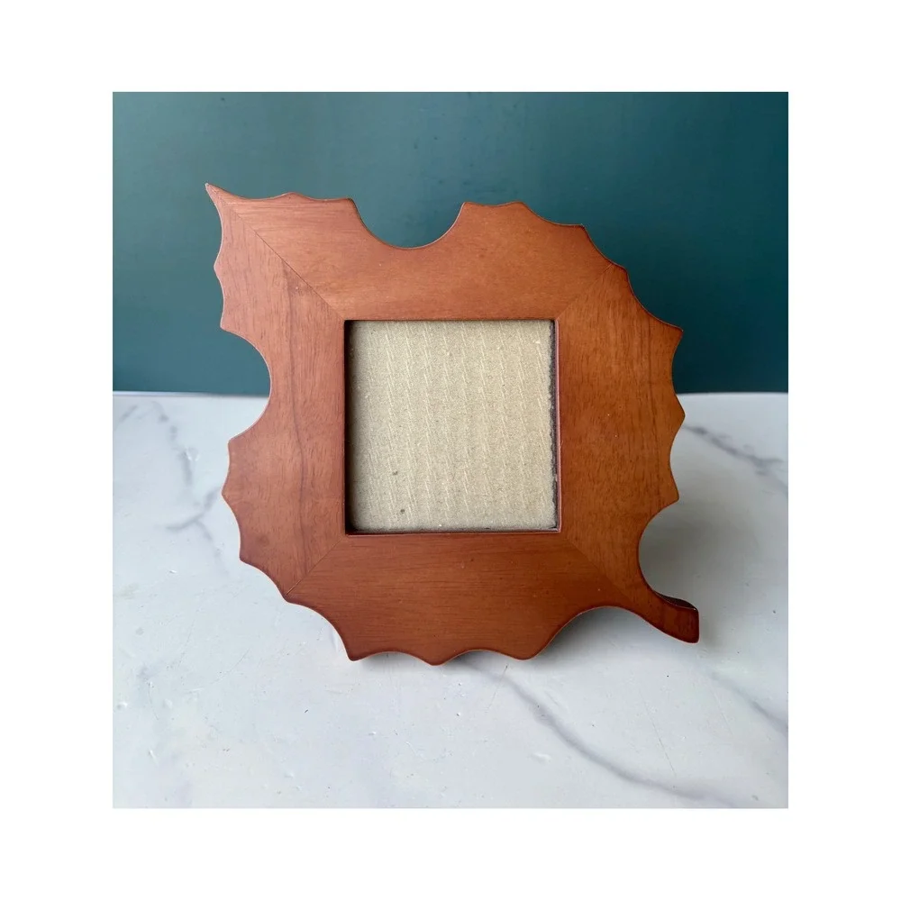 Vintage Leaf Shaped Wood Picture Frame 3x3 Photo Tabletop Easel Back